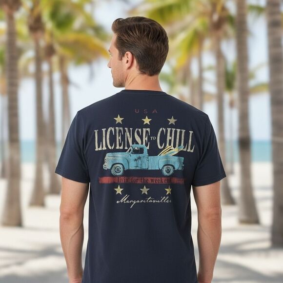 Margaritaville Jimmy Buffett License to Chill Pocket T-Shirt Blue Large Unisex - Picture 6 of 7